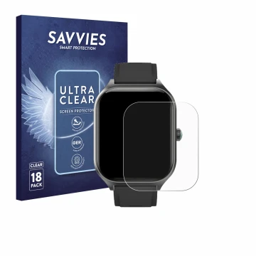 Face avant d’un emballage produit avec le logo de la marque Savvies. À côté, l’appareil FORRLITE Smartwatch 2.01