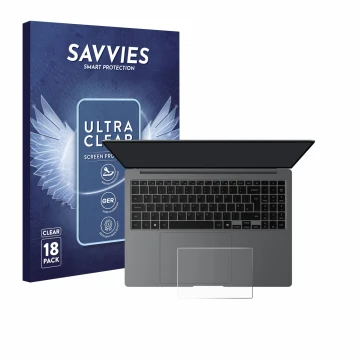 Face avant d’un emballage produit avec le logo de la marque Savvies. À côté, l’appareil Samsung Galaxy Book5 Pro 16