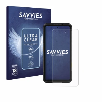 Face avant d’un emballage produit avec le logo de la marque Savvies. À côté, l’appareil Ulefone RugOne Xever 7 Pro est représe