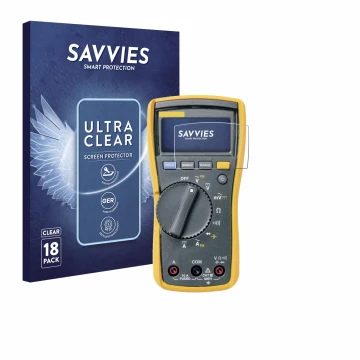 Face avant d’un emballage produit avec le logo de la marque Savvies. À côté, l’appareil Fluke MultiMeter 113 est représenté av