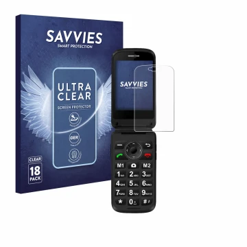 Face avant d’un emballage produit avec le logo de la marque Savvies. À côté, l’appareil Simvalley Mobile XL-970 est représenté