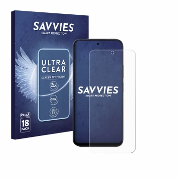 Face avant d’un emballage produit avec le logo de la marque Savvies. À côté, l’appareil Oppo A6x 4G est représenté avec la pro