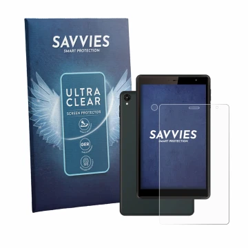 Face avant d’un emballage produit avec le logo de la marque Savvies. À côté, l’appareil Logicom Tab 80 8