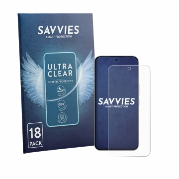 Face avant d’un emballage produit avec le logo de la marque Savvies. À côté, l’appareil Oppo K15 Pro Plus est représenté avec 