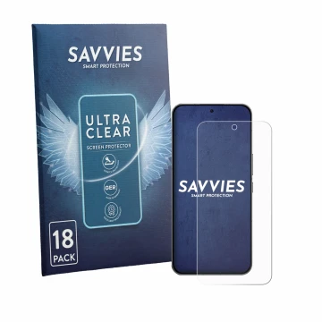 Face avant d’un emballage produit avec le logo de la marque Savvies. À côté, l’appareil Oppo K15 Pro est représenté avec la pr