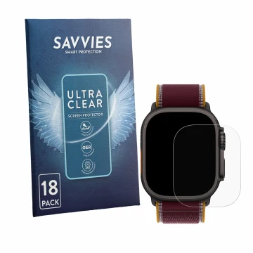 Face avant d’un emballage produit avec le logo de la marque Savvies. À côté, l’appareil Apple Watch Ultra 4 (49 mm) est représ