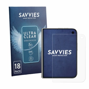 Face avant d’un emballage produit avec le logo de la marque Savvies. À côté, l’appareil Apple iPhone Duo est représenté avec l