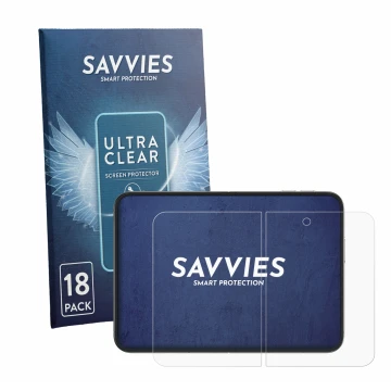 Face avant d’un emballage produit avec le logo de la marque Savvies. À côté, l’appareil Apple iPhone Duo (Affichage interne) e