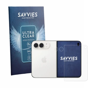 Face avant d’un emballage produit avec le logo de la marque Savvies. À côté, l’appareil Apple iPhone Duo (Avant+Caméra) est re