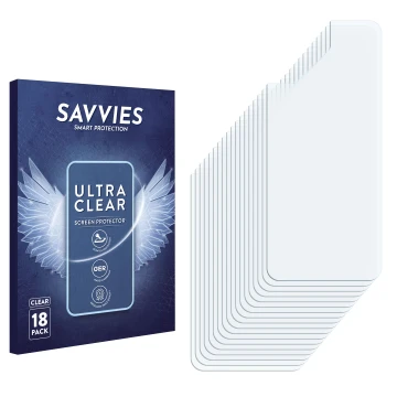 Face avant d’un emballage produit avec le logo de la marque Savvies. À côté se trouve la protection d’écran correspondante.