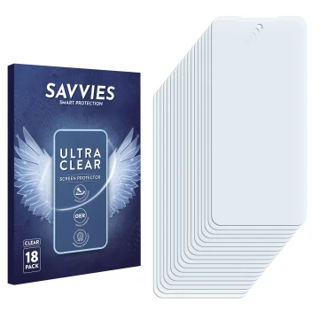 Face avant d’un emballage produit avec le logo de la marque Savvies. À côté se trouve la protection d’écran correspondante.