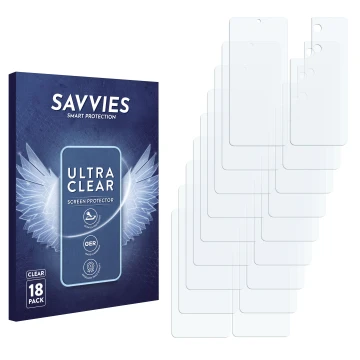 Face avant d’un emballage produit avec le logo de la marque Savvies. À côté se trouve la protection d’écran correspondante.