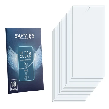 Face avant d’un emballage produit avec le logo de la marque Savvies. À côté se trouve la protection d’écran correspondante.