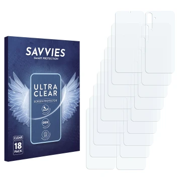 Face avant d’un emballage produit avec le logo de la marque Savvies. À côté se trouve la protection d’écran correspondante.