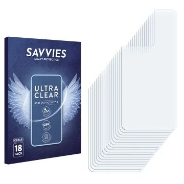 Face avant d’un emballage produit avec le logo de la marque Savvies. À côté se trouve la protection d’écran correspondante.