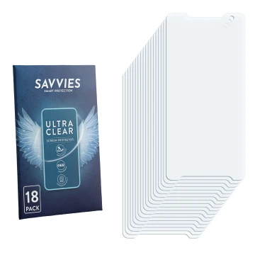 Face avant d’un emballage produit avec le logo de la marque Savvies. À côté se trouve la protection d’écran correspondante.