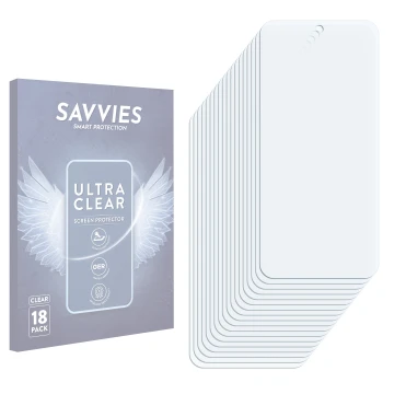 Face avant d’un emballage produit avec le logo de la marque Savvies. À côté se trouve la protection d’écran correspondante.