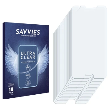 Face avant d’un emballage produit avec le logo de la marque Savvies. À côté se trouve la protection d’écran correspondante.
