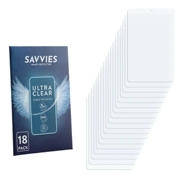 Face avant d’un emballage produit avec le logo de la marque Savvies. À côté se trouve la protection d’écran correspondante.
