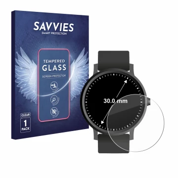 Face avant d’un emballage produit avec le logo de la marque Savvies. À côté, l’appareil Montres (Circulaire, ø: 30 mm) est rep