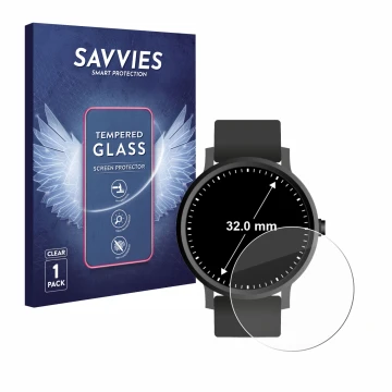 Face avant d’un emballage produit avec le logo de la marque Savvies. À côté, l’appareil Montres (Circulaire, ø: 32 mm) est rep