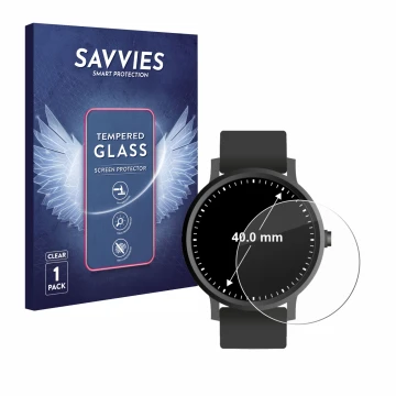 Face avant d’un emballage produit avec le logo de la marque Savvies. À côté, l’appareil Montres (Circulaire, ø: 40 mm) est rep