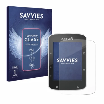 Face avant d’un emballage produit avec le logo de la marque Savvies. À côté, l’appareil Garmin Edge 520 est représenté avec la