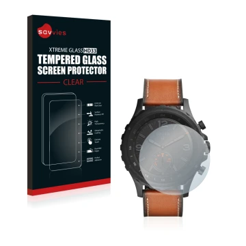 Face avant d’un emballage produit avec le logo de la marque Savvies. À côté, l’appareil Fossil Q Nate est représenté avec la p