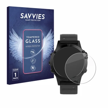 Face avant d’un emballage produit avec le logo de la marque Savvies. À côté, l’appareil Garmin Fenix 5 (47 mm) est représenté 