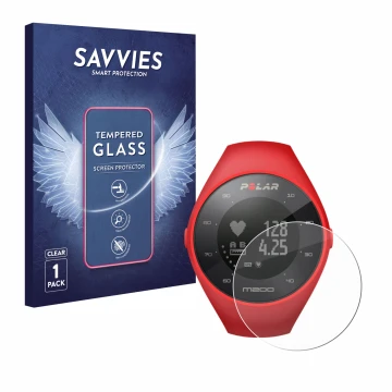 Face avant d’un emballage produit avec le logo de la marque Savvies. À côté, l’appareil Polar M200 est représenté avec la prot