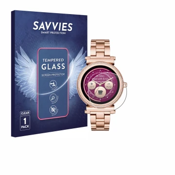 Face avant d’un emballage produit avec le logo de la marque Savvies. À côté, l’appareil Michael Kors Access Sofie est représen