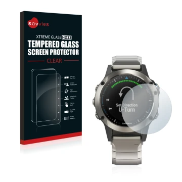 Face avant d’un emballage produit avec le logo de la marque Savvies. À côté, l’appareil Garmin quatix 5 est représenté avec la