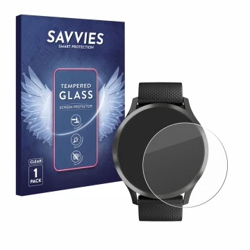 Face avant d’un emballage produit avec le logo de la marque Savvies. À côté, l’appareil Garmin vivomove HR est représenté avec