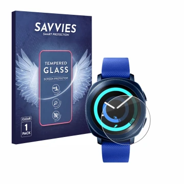 Face avant d’un emballage produit avec le logo de la marque Savvies. À côté, l’appareil Samsung Gear Sport est représenté avec