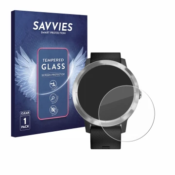 Face avant d’un emballage produit avec le logo de la marque Savvies. À côté, l’appareil Garmin vivoactive 3 est représenté ave