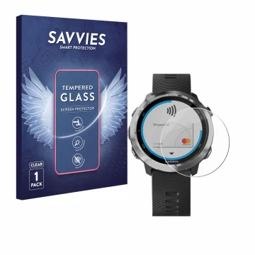 Face avant d’un emballage produit avec le logo de la marque Savvies. À côté, l’appareil Garmin Forerunner 645 est représenté a