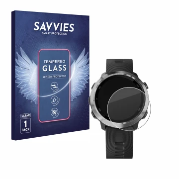 Face avant d’un emballage produit avec le logo de la marque Savvies. À côté, l’appareil Garmin Forerunner 645 Music est représ