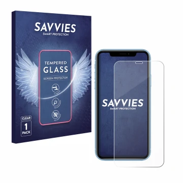 Face avant d’un emballage produit avec le logo de la marque Savvies. À côté, l’appareil Apple iPhone XR est représenté avec la