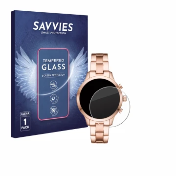 Face avant d’un emballage produit avec le logo de la marque Savvies. À côté, l’appareil Michael Kors Access Runway (41 mm) est
