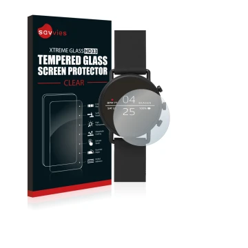 Face avant d’un emballage produit avec le logo de la marque Savvies. À côté, l’appareil Skagen Smartwatch Falster 2 est représ