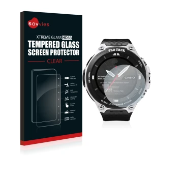 Face avant d’un emballage produit avec le logo de la marque Savvies. À côté, l’appareil Casio Pro Trek Smart WSD-F20 est repré