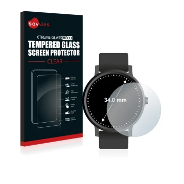 Face avant d’un emballage produit avec le logo de la marque Savvies. À côté, l’appareil Circulaire Displays (ø: 34 mm) est rep