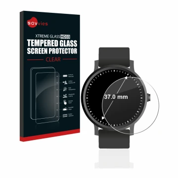 Face avant d’un emballage produit avec le logo de la marque Savvies. À côté, l’appareil Circulaire Displays (ø: 37 mm) est rep