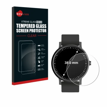 Face avant d’un emballage produit avec le logo de la marque Savvies. À côté, l’appareil Circulaire Displays (ø: 38 mm) est rep