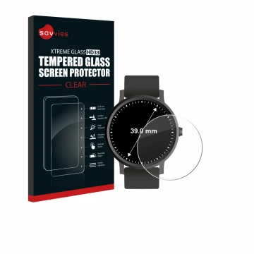 Face avant d’un emballage produit avec le logo de la marque Savvies. À côté, l’appareil Circulaire Displays (ø: 39 mm) est rep