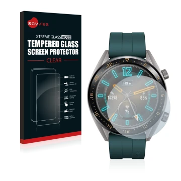 Face avant d’un emballage produit avec le logo de la marque Savvies. À côté, l’appareil Huawei Watch GT Active est représenté 