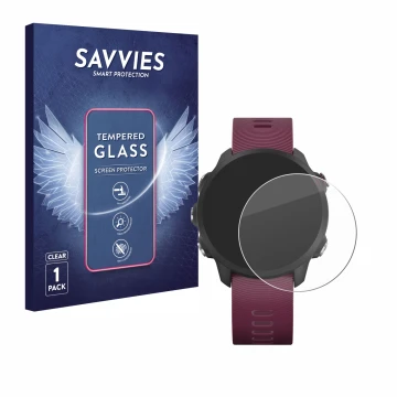Face avant d’un emballage produit avec le logo de la marque Savvies. À côté, l’appareil Garmin Forerunner 245 est représenté a