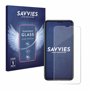 Face avant d’un emballage produit avec le logo de la marque Savvies. À côté, l’appareil Apple iPhone 11 Pro Max est représenté