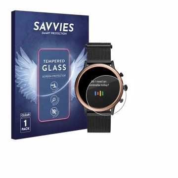 Face avant d’un emballage produit avec le logo de la marque Savvies. À côté, l’appareil Fossil Julianna HR (5.Gen) est représe