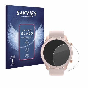 Face avant d’un emballage produit avec le logo de la marque Savvies. À côté, l’appareil Huami Amazfit GTR (42 mm) est représen